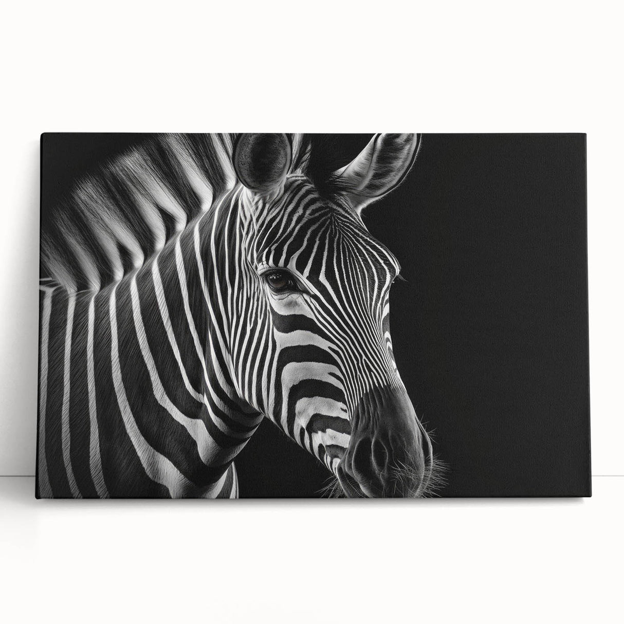 Stretched canvas wall art showcasing a vibrant zebra design, featuring bold black and white stripes against a light background, perfect for animal lovers' decor.