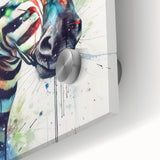 Close-up of a vibrant zebra wall art design on acrylic glass, showcasing intricate patterns and bold black and white colors, perfect for wildlife-themed decor.