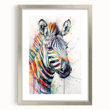 Framed zebra wall art in a silver mat, showcasing a striking black and white design that embodies wildlife elegance, perfect for enhancing home decor.