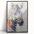Framed wall art featuring a striking zebra design in a bold black frame, showcasing intricate details of the zebra's pattern against a minimalist background, perfect for animal lovers and modern decor enthusiasts.