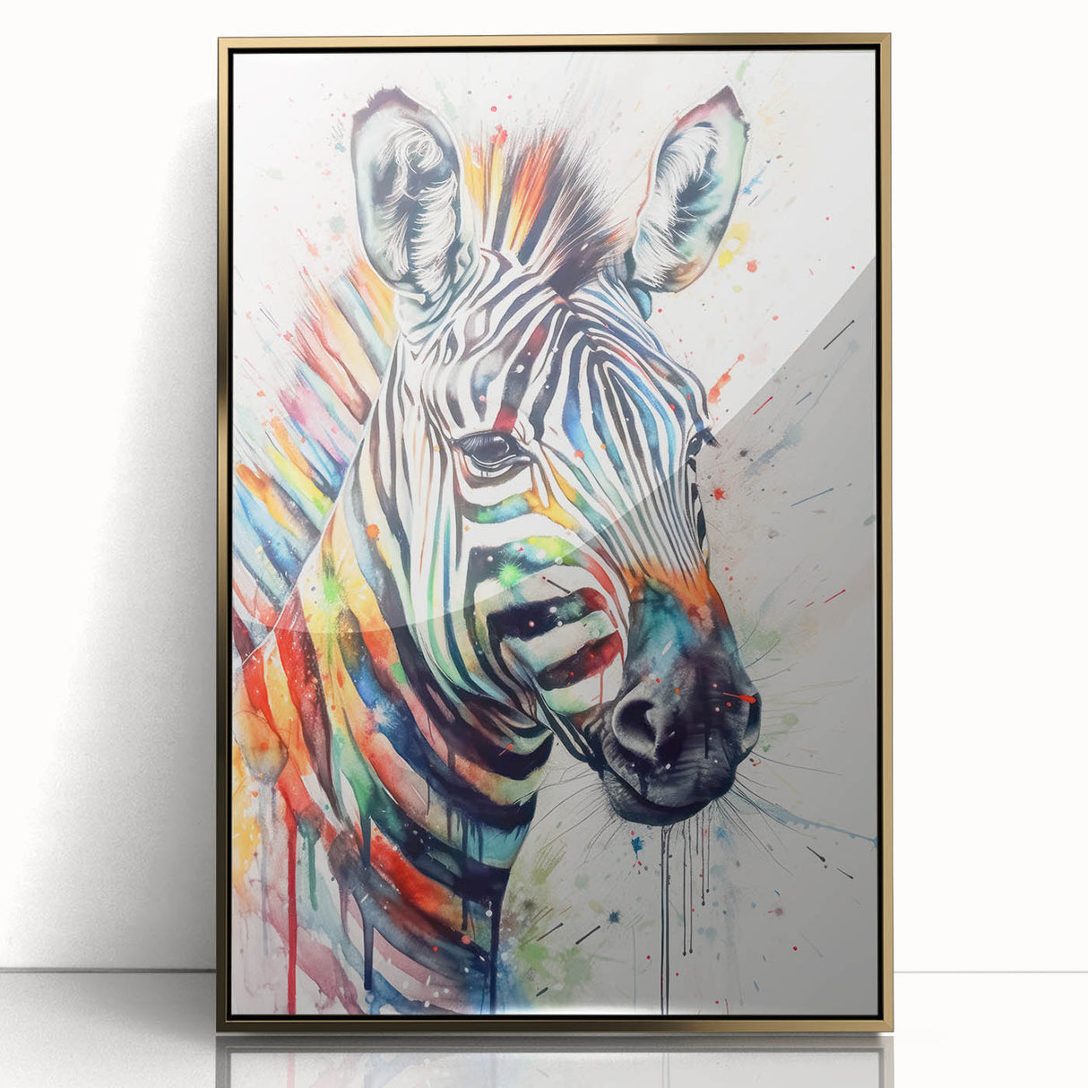 Framed wall art featuring a striking zebra design with gold accents, showcasing vibrant colors and intricate details, perfect for wildlife enthusiasts and modern decor.