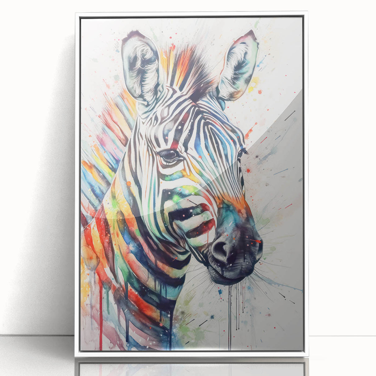 Framed wall art featuring a striking zebra design in black and white, displayed against a sleek white background, perfect for adding a contemporary touch to any living space. This acrylic piece brings a vibrant wildlife essence to home decor.