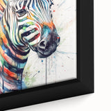Close-up of a framed canvas wall art featuring a striking zebra design, showcasing intricate details and bold black and white stripes, perfect for wildlife enthusiasts.