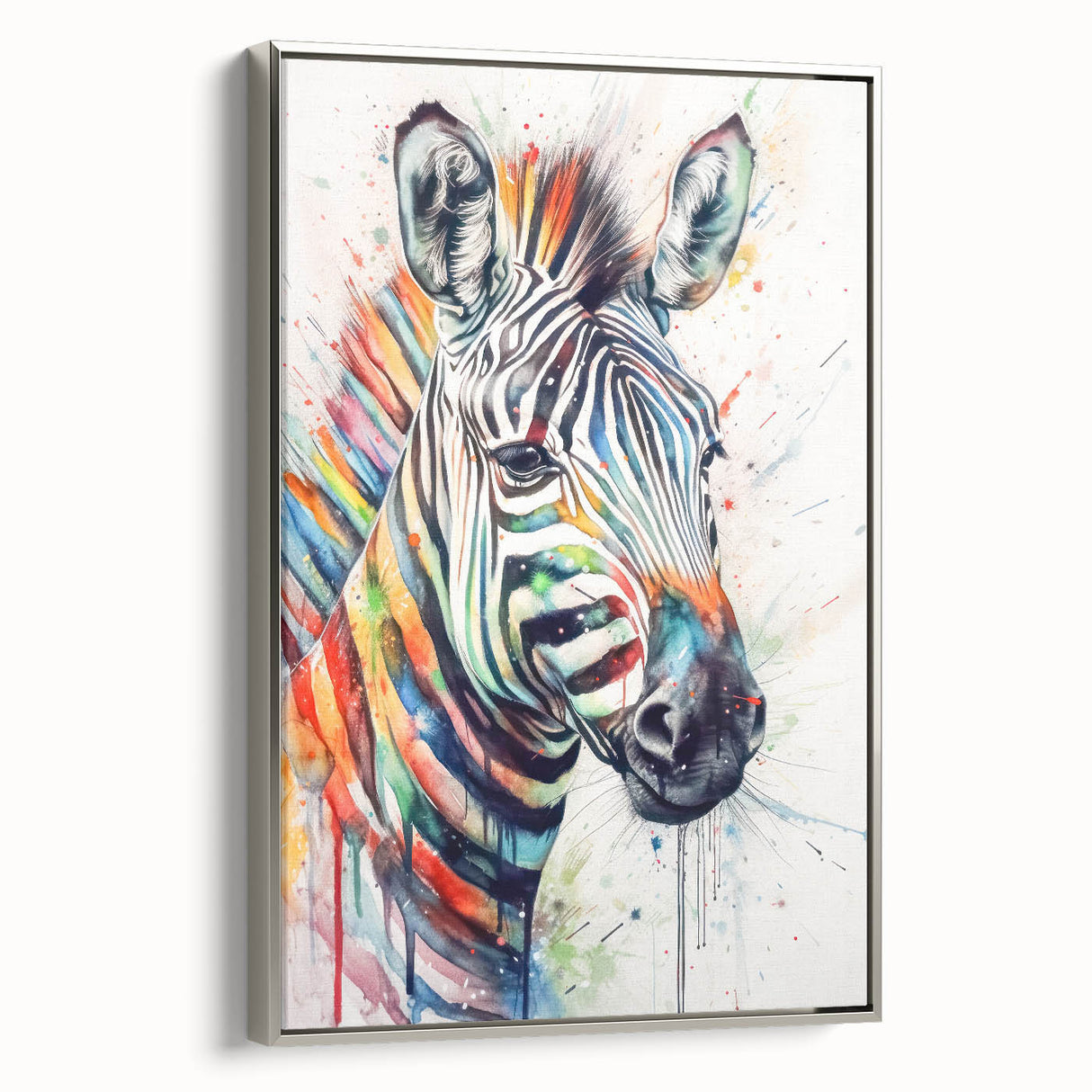 Framed canvas wall art showcasing a striking zebra design, featuring intricate details and a silver frame, perfect for enhancing modern decor with wildlife aesthetics.