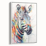 Framed canvas wall art showcasing a striking zebra design in black and white, set against a minimalist white background, ideal for modern home decor.