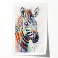 Zebra wall art design on rolled canvas print, showcasing vibrant black and white stripes and intricate details, ideal for wildlife-themed decor. Perfect for enhancing any interior space with a touch of nature.