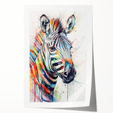 Zebra wall art design on rolled canvas print, showcasing vibrant black and white stripes and intricate details, ideal for wildlife-themed decor. Perfect for enhancing any interior space with a touch of nature.
