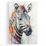 Vibrant zebra-themed wall art on stretched canvas, showcasing detailed black and white stripes, perfect for adding a wild touch to home decor.