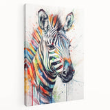 Stretched canvas showcasing a vibrant zebra design in a wild animal theme, perfect for home decor, emphasizing bold black and white stripes against a modern background.