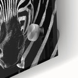 Close-up of a striking zebra wall art design printed on acrylic glass, showcasing bold black and white stripes, ideal for animal lovers and modern decor.
