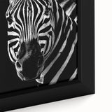 Close-up of a framed canvas wall art featuring a striking zebra design, showcasing intricate details and vibrant contrast, perfect for wildlife enthusiasts and modern decor.