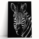 Zebra-themed stretched canvas wall art showcasing intricate black and white stripes, ideal for enhancing modern home decor and animal-themed interiors.