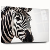 Acrylic glass wall art featuring a striking zebra design, showcasing vibrant black and white stripes, elegantly displayed from a side view for modern decor. Ideal for animal lovers and contemporary interiors, this piece enhances any living space with its unique wildlife theme.