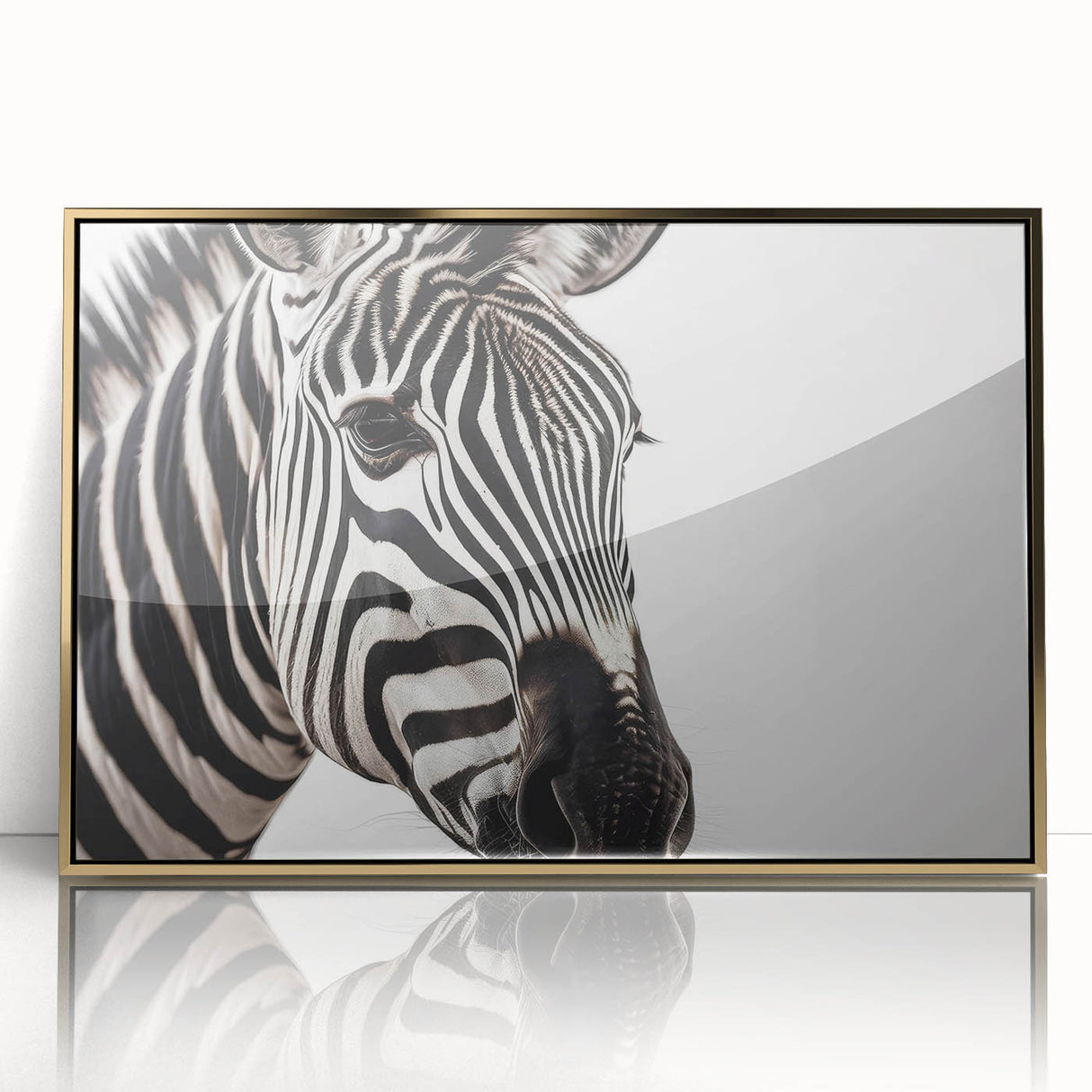 Framed wall art featuring a striking zebra design in vibrant black and white colors, set against a luxurious gold frame, perfect for adding a touch of wildlife elegance to home decor.