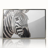 Framed acrylic wall art featuring a striking zebra design in silver, showcasing intricate details and vibrant colors, perfect for modern wildlife decor.