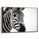 Framed canvas wall art featuring a striking zebra design, showcasing bold black and white stripes, ideal for animal-themed decor in modern interiors. Perfect for wildlife enthusiasts and home styling.