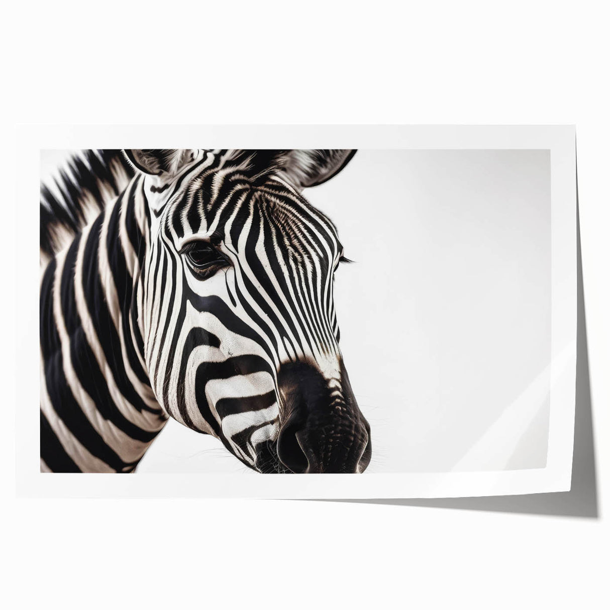 Zebra wall art print showcasing a striking black and white design, perfect for animal lovers and modern decor. Rolled canvas ready for framing or display.