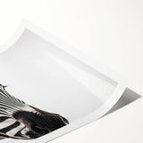 Zebra-themed wall art print featuring a striking black-and-white design, ideal for home decor, showcasing wildlife inspiration and modern aesthetics. Perfect for animal lovers and art enthusiasts.