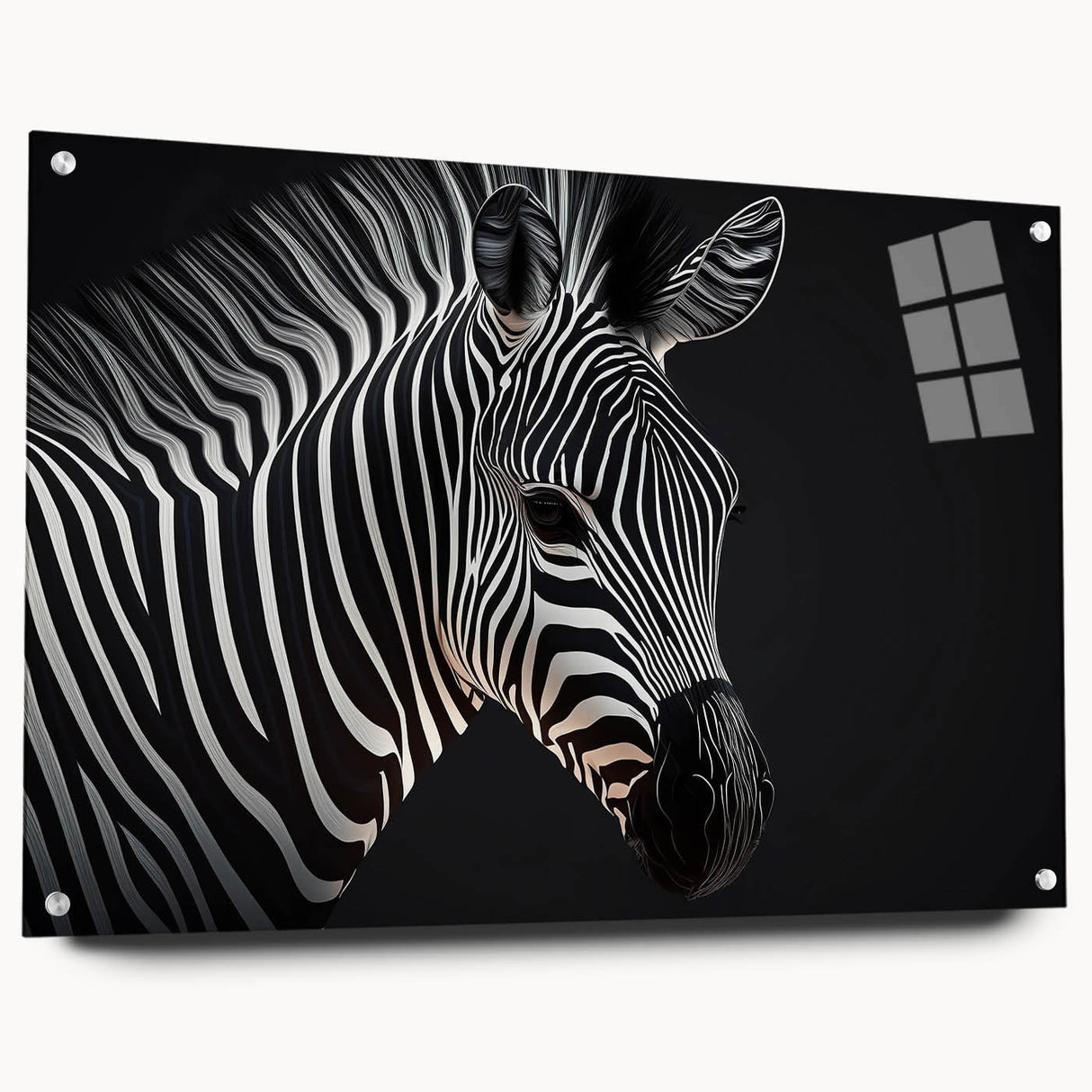 Side view of a sleek acrylic wall art piece showcasing a vibrant zebra design, featuring a modern aesthetic with pins for easy display, perfect for wildlife enthusiasts.