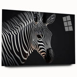 Acrylic glass wall art featuring a striking zebra design from the "Animals - A Wild Life" collection, showcasing bold black and white stripes with a sleek side view, perfect for modern decor.
