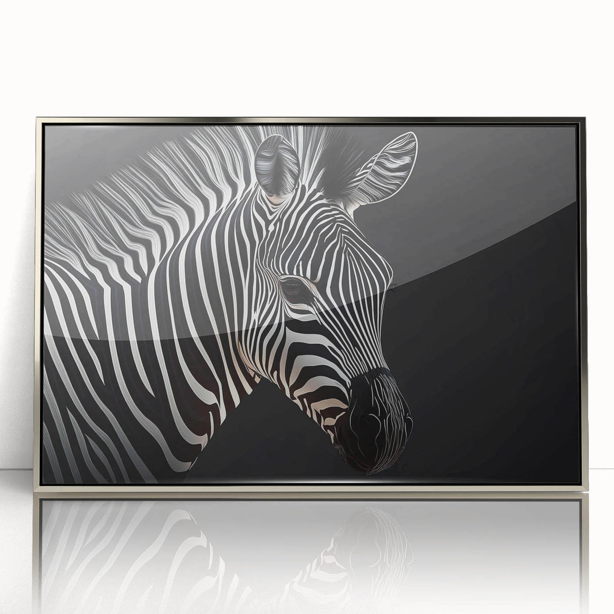 Framed wall art featuring a sleek, silver-acrylic design of a zebra, showcasing intricate details and vibrant colors, perfect for modern home decor.