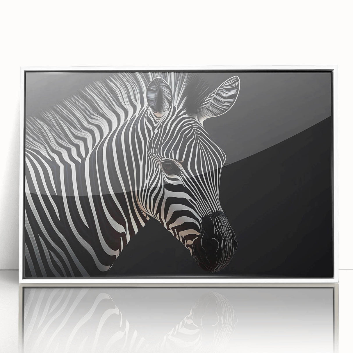 Framed acrylic wall art displaying a striking zebra design, featuring monochrome stripes and a sleek white frame, perfect for modern home decor.