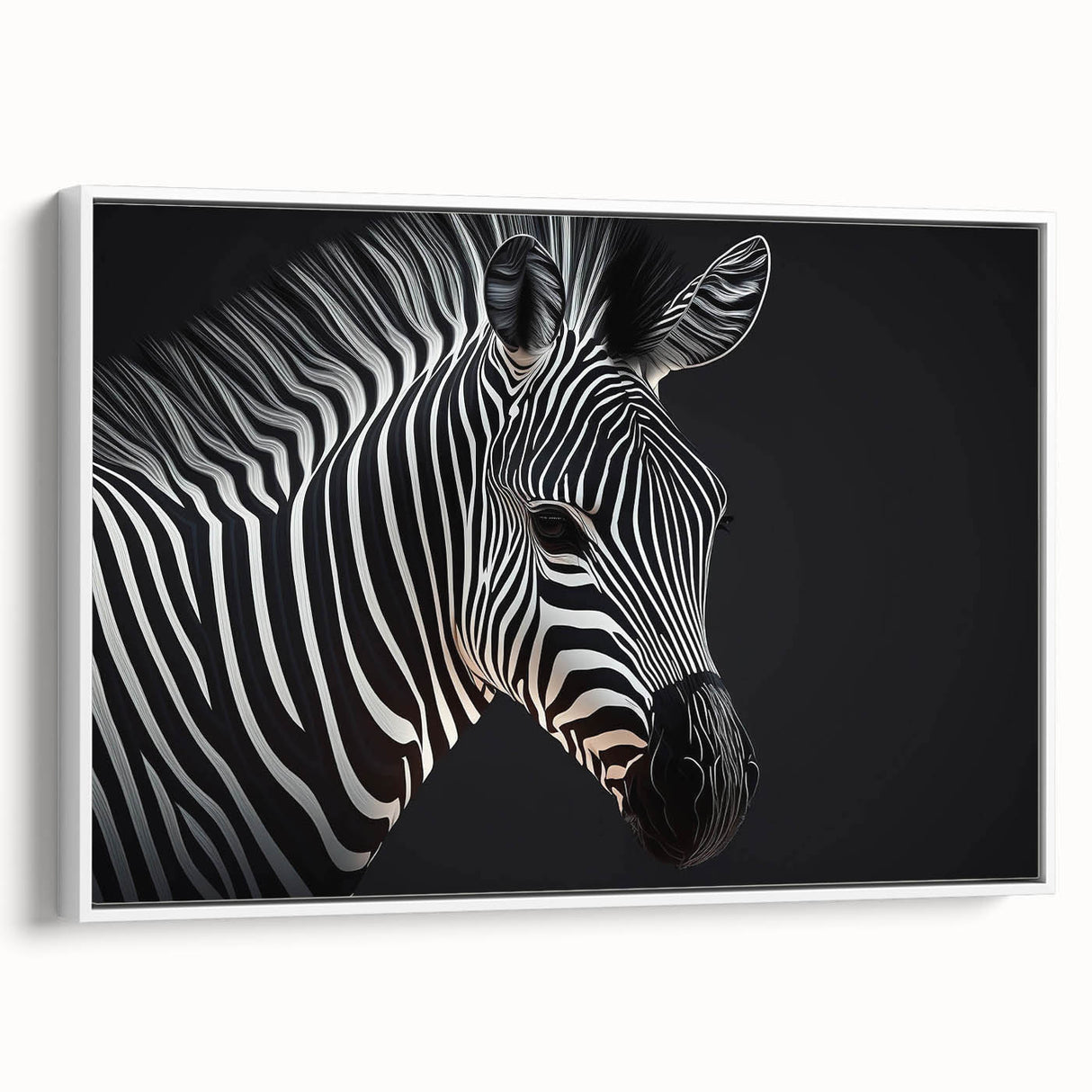 Framed canvas wall art showcasing a striking zebra design in black and white, perfect for animal lovers and modern home decor. Ideal for enhancing living spaces with wildlife themes.