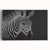 Stretched canvas wall art featuring a vibrant zebra design in black and white, showcasing intricate patterns and textures, perfect for adding a touch of wildlife decor to any room.