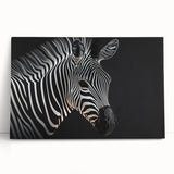 Stretched canvas featuring a vibrant zebra design in a wild-life theme, perfect for animal lovers and home decor enthusiasts, showcasing bold black and white stripes.