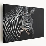 Zebra-themed wall art on stretched canvas, showcasing detailed black and white stripes in a vibrant jungle setting, perfect for animal lovers and home decor.