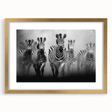 Zebra-themed wall art collection showcasing a striking gold frame and mat, perfect for adding a touch of wildlife elegance to modern decor. Ideal for animal lovers and interior design enthusiasts.