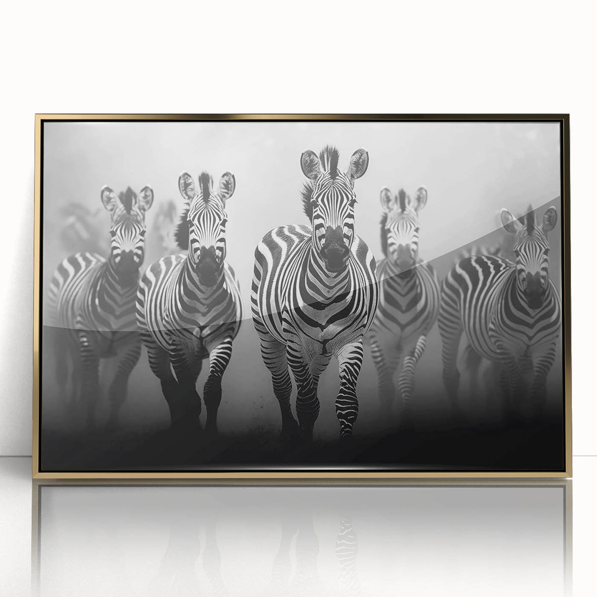 Framed acrylic wall art featuring a striking zebra design, highlighted by a gold frame, perfect for adding a modern touch to any living space or office decor.