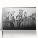 Framed wall art featuring a striking black and white zebra design, set against a clean white background, perfect for adding a touch of wildlife elegance to home decor.