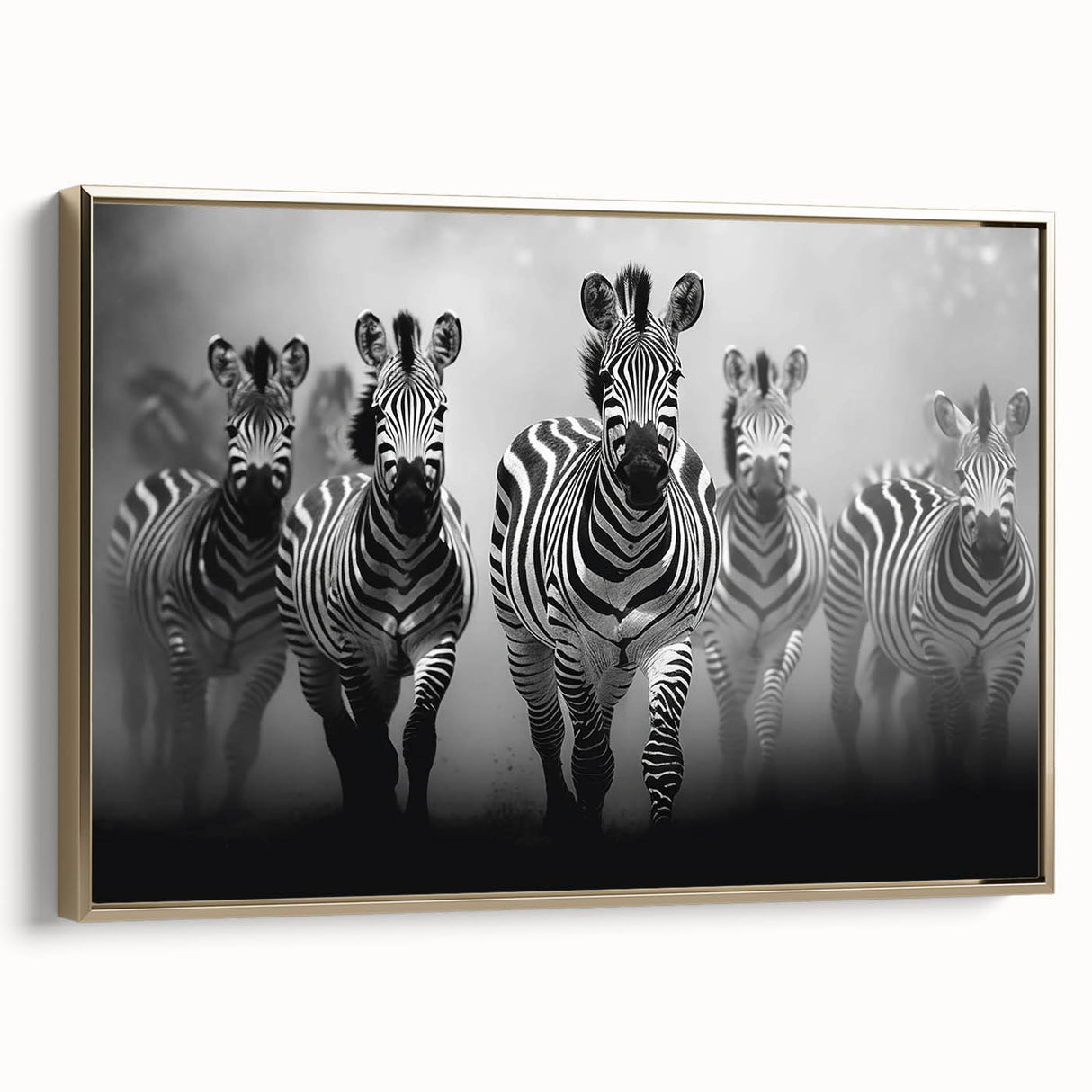 Framed wall art featuring a striking zebra design in gold tones, showcasing a unique side view that highlights its artistic details and vibrant colors, perfect for wildlife enthusiasts.