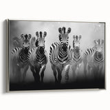 Framed canvas wall art showcasing a striking zebra design, featuring bold black and white stripes and a sleek silver frame, perfect for adding a modern touch to any decor.