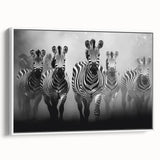 Framed wall art featuring a striking zebra design on canvas, showcasing bold black and white stripes, perfect for enhancing modern decor in any room.