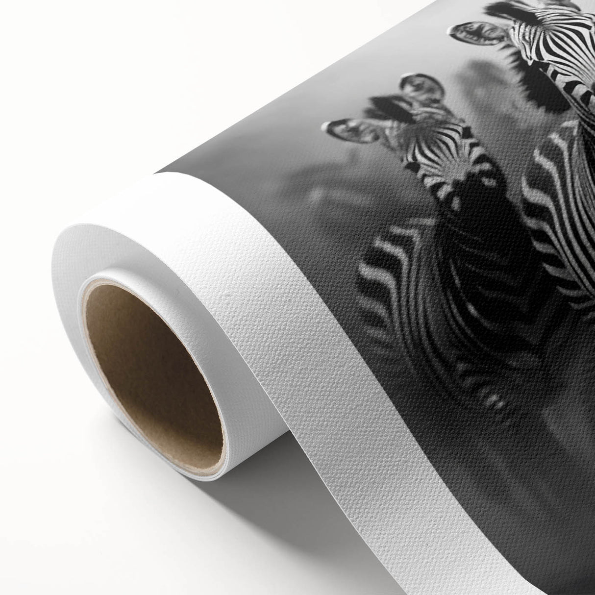 Zebra design wall art on rolled canvas, showcasing intricate black and white stripes in a modern aesthetic, perfect for animal lovers and home decor enthusiasts.