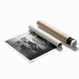 Zebra-themed wall art print showcasing a vibrant black and white design, rolled and ready for display, perfect for animal lovers and home decor enthusiasts.