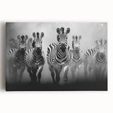 Stretched canvas wall art featuring a striking close-up of a zebra design, showcasing intricate black and white stripes, perfect for adding a wildlife touch to home decor.