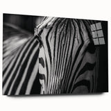 Side view of a vibrant zebra design wall art piece, showcasing intricate black and white stripes on acrylic glass, perfect for modern decor in animal-themed interiors.