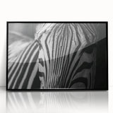 Framed wall art featuring a striking black and white zebra design, showcasing intricate details and textures, perfect for enhancing modern home decor.