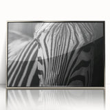 Framed wall art showcasing a striking zebra design on acrylic, featuring silver accents. Perfect for adding a touch of wildlife elegance to modern decor.