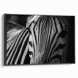 Framed canvas wall art showcasing a striking black and white zebra design, perfect for animal lovers and modern decor enthusiasts. Ideal for enhancing living spaces with a touch of wildlife elegance.