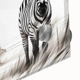 Close-up of an acrylic glass wall art piece depicting a striking zebra design, showcasing intricate details and vibrant black and white stripes, perfect for wildlife enthusiasts.