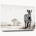 Acrylic wall art featuring a striking zebra design, showcasing bold black and white stripes, mounted with pins for a contemporary side view display. Ideal for animal-themed decor.