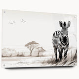 Acrylic wall art featuring a striking zebra design, showcasing bold black and white stripes, mounted with pins for a contemporary side view display. Ideal for animal-themed decor.