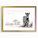 Framed wall art featuring a stylish zebra design in gold and white, showcasing intricate details. Ideal for adding a modern touch to home decor.