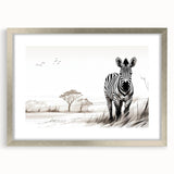 Zebra-themed wall art featuring a sleek silver frame and mat, showcasing a vibrant design perfect for animal lovers and modern decor. Ideal for enhancing interior aesthetics.
