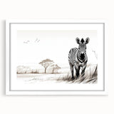 Zebra-themed wall art collection framed in white, showcasing a striking black and white design that enhances modern decor with a touch of wildlife elegance.