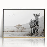 Framed wall art featuring a striking zebra design in black and white, accented with a gold frame. Perfect for adding a bold statement to modern decor.